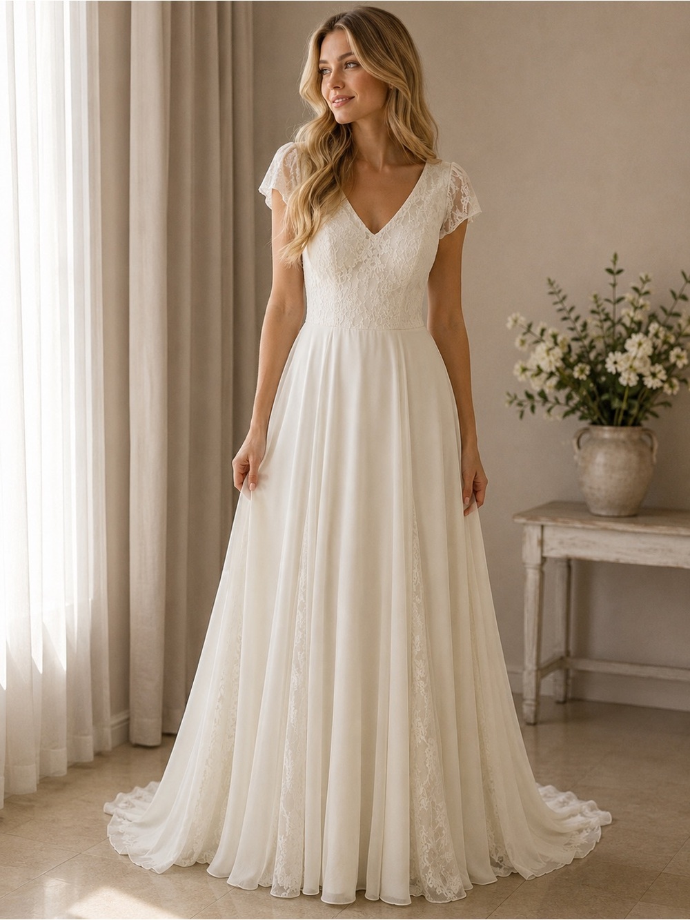 Ivory Lace V-Neck A-Line Bridal Gown
